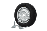 Ersatzrad-Set: WANDA-Reifen 155/70 R13 79N und Trailer Top Felge 4Jx13H2 4x100 ET:30 mit Halterung zur Montage an der Bordwand des Anhängers